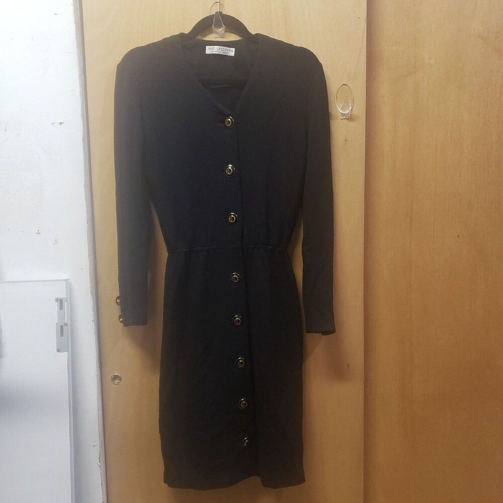 ST. John Knits Black button up cardigan midi dress classic design Sz S  TTT